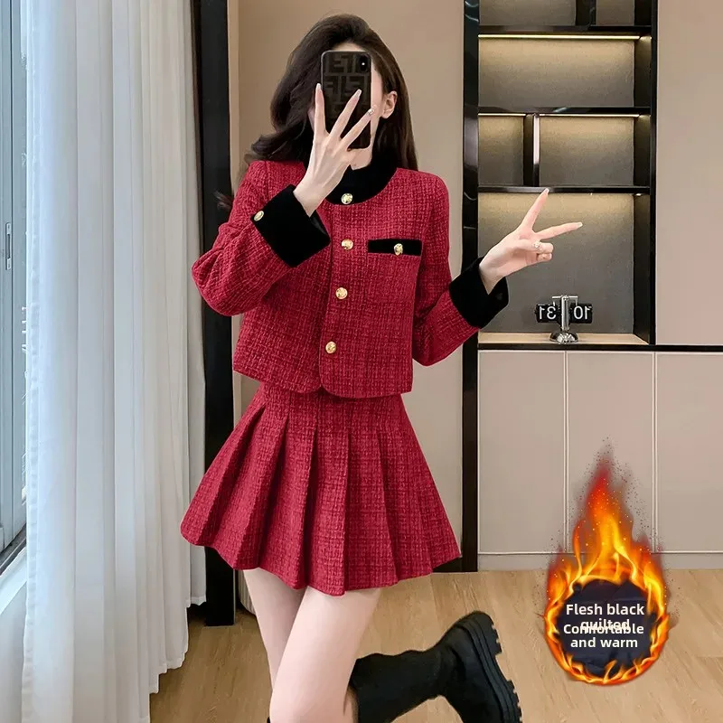 2024 новый стиль французский твидовый пиджак мини-платье юбка с высокой талией