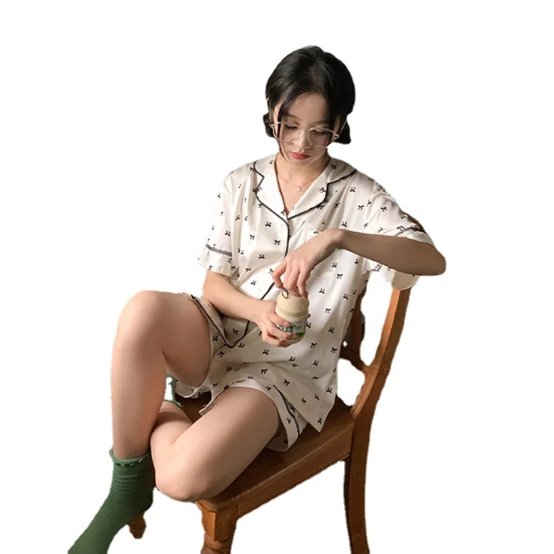 Summer Pajamas Women's Lace Ruffled Short Sleeves Full Printed Bow Home Wear Lapel Cardigan Suit Women's Pajamas