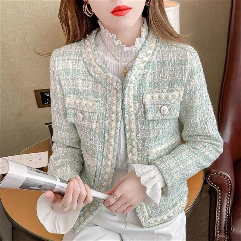 

Женская твидовая куртка с бахромой, элегантная винтажная офисная куртка с круглым вырезом и длинным рукавом, украшенная бусинами, Осень-зима 2023