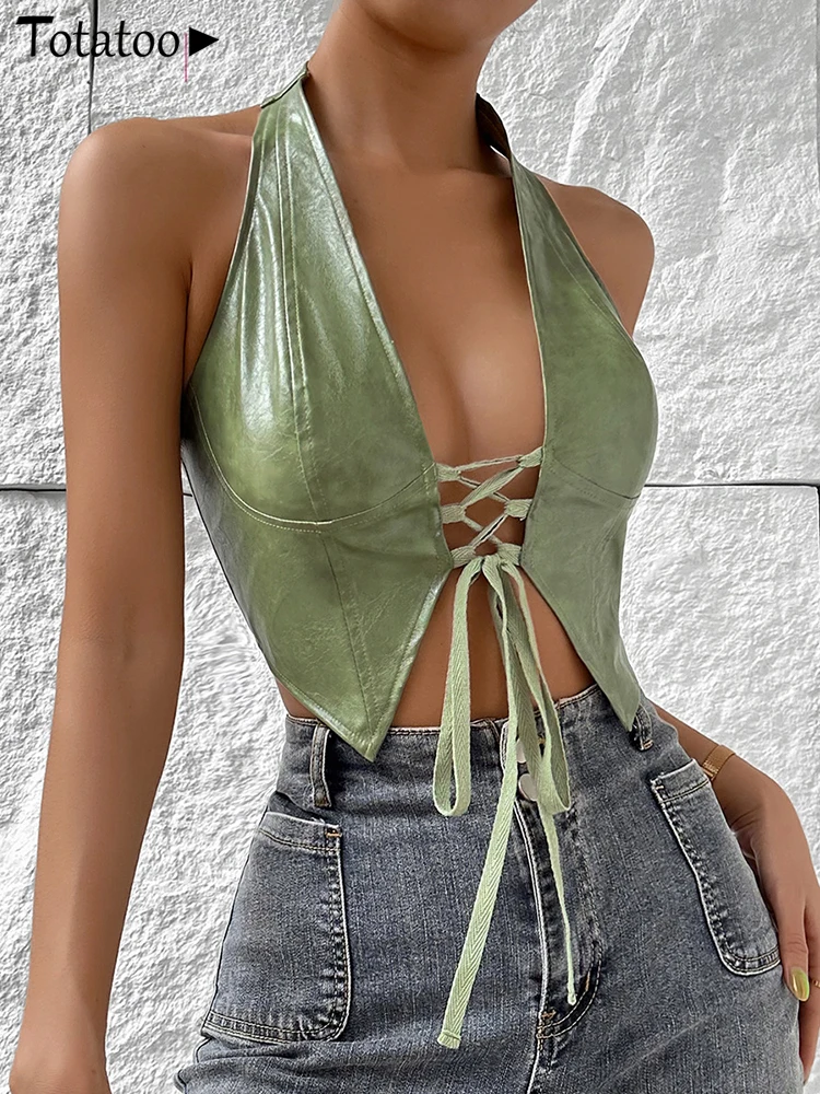 Totaoop Бандажный топ на шнуровке из искусственной кожи для женщин 2024 узкий