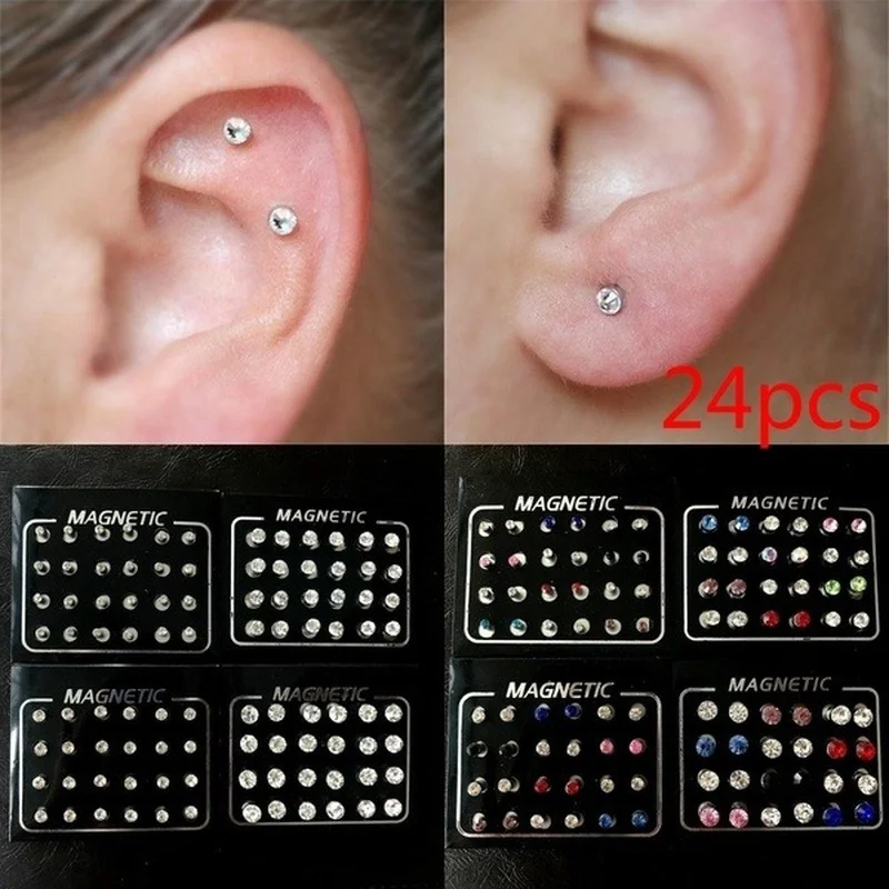 12pair/24pcs Magnetic Ear Studs Earrings for Women Fake Piercing Magnetic Earrings for Kids Fake Nose Ring Clip on Earrings