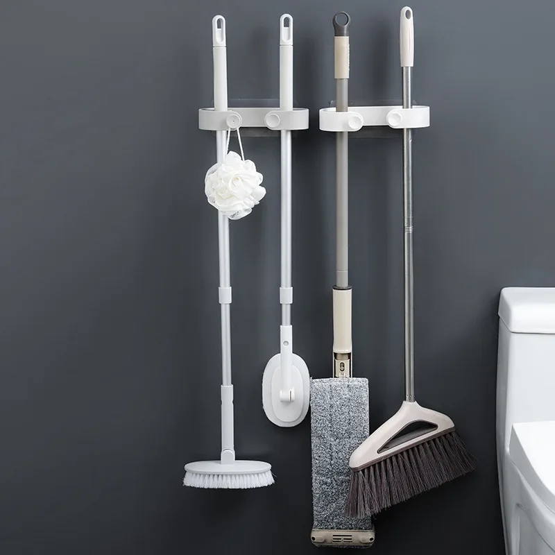 

Wall Mounted Mop Holder Bathroom Self-adhesive Broom Hanger Strong Hooks Racks Kitchen Organizer Storage Accessories PP Material
