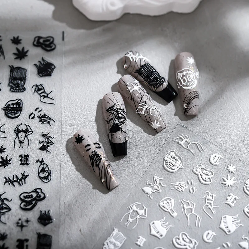 

3D/5D черно-белая абстрактная Женская наклейка для ногтей с изображением лица, тотем, губ, гримаса, слайдер, наклейка, украшение для дизайна но...