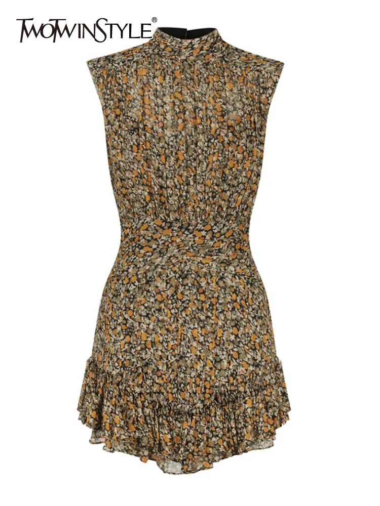 

TWOTWINSTYLE Loose Summer Dress For Women Stand Collar Sleeveless High Waist Print Colorblock Mini Dresses Female Clothing 2022