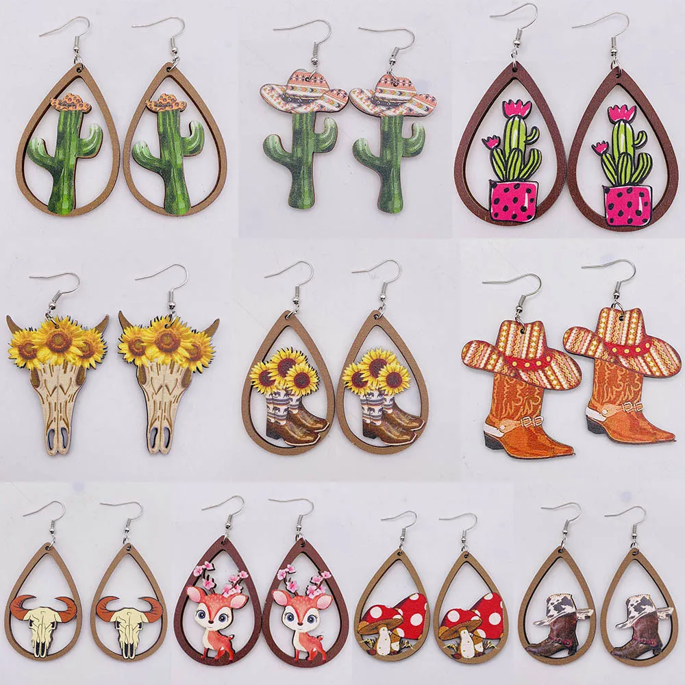 

Западные деревянные серьги подсолнух корова кактус сапоги грибы висячие серьги для женщин подарки ювелирные изделия