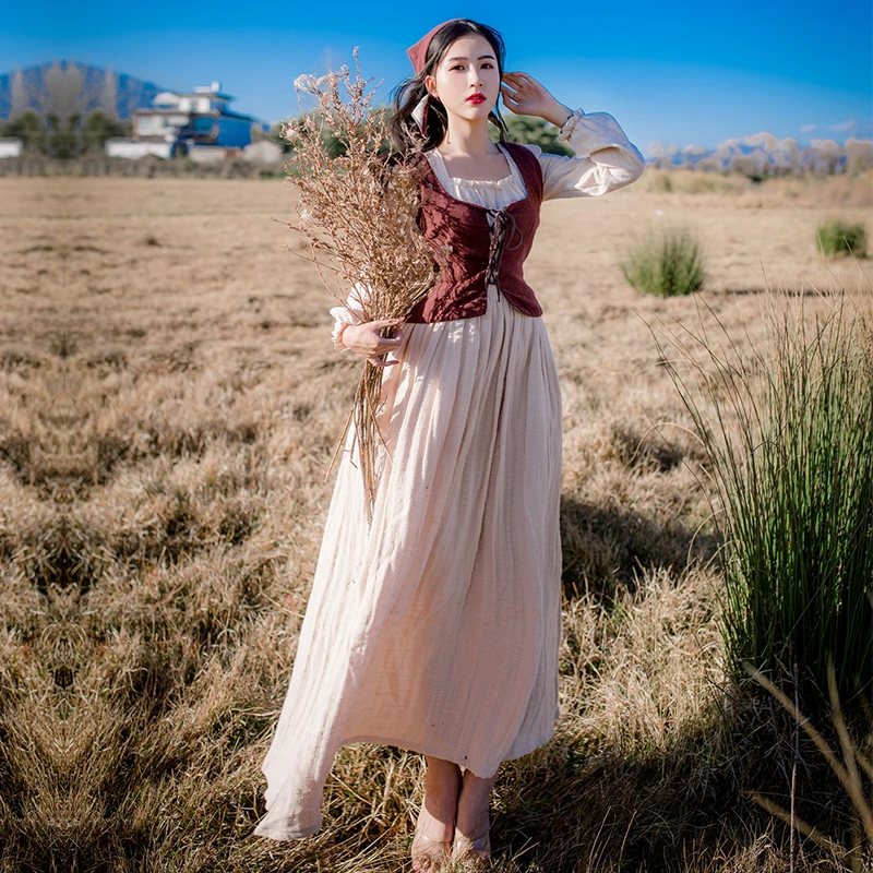 

Vintage Cotton and Hemp Pastoral Style Vest Grassland Vacation Photography Long Spring Women's New Set Dress