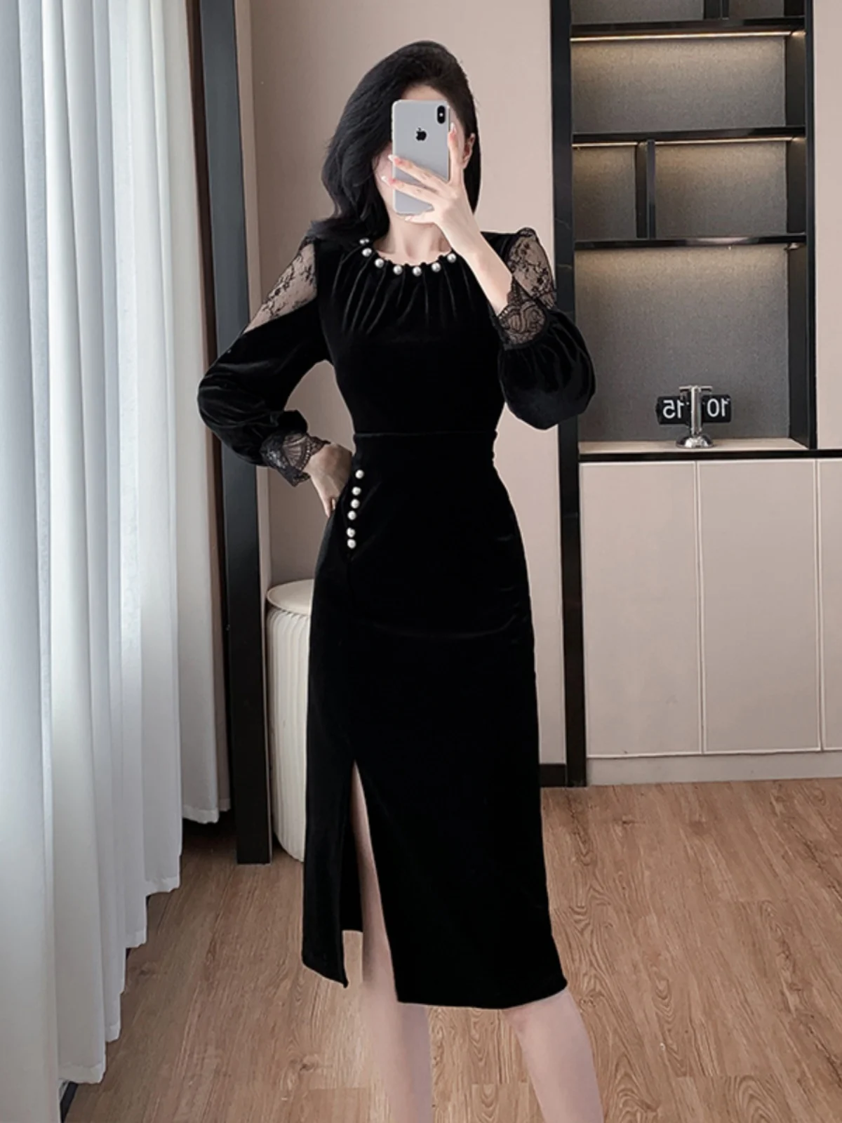 Hepburn Sle Socialite Ретро Темперамент с длинными рукавами Весна и осень Бархатное