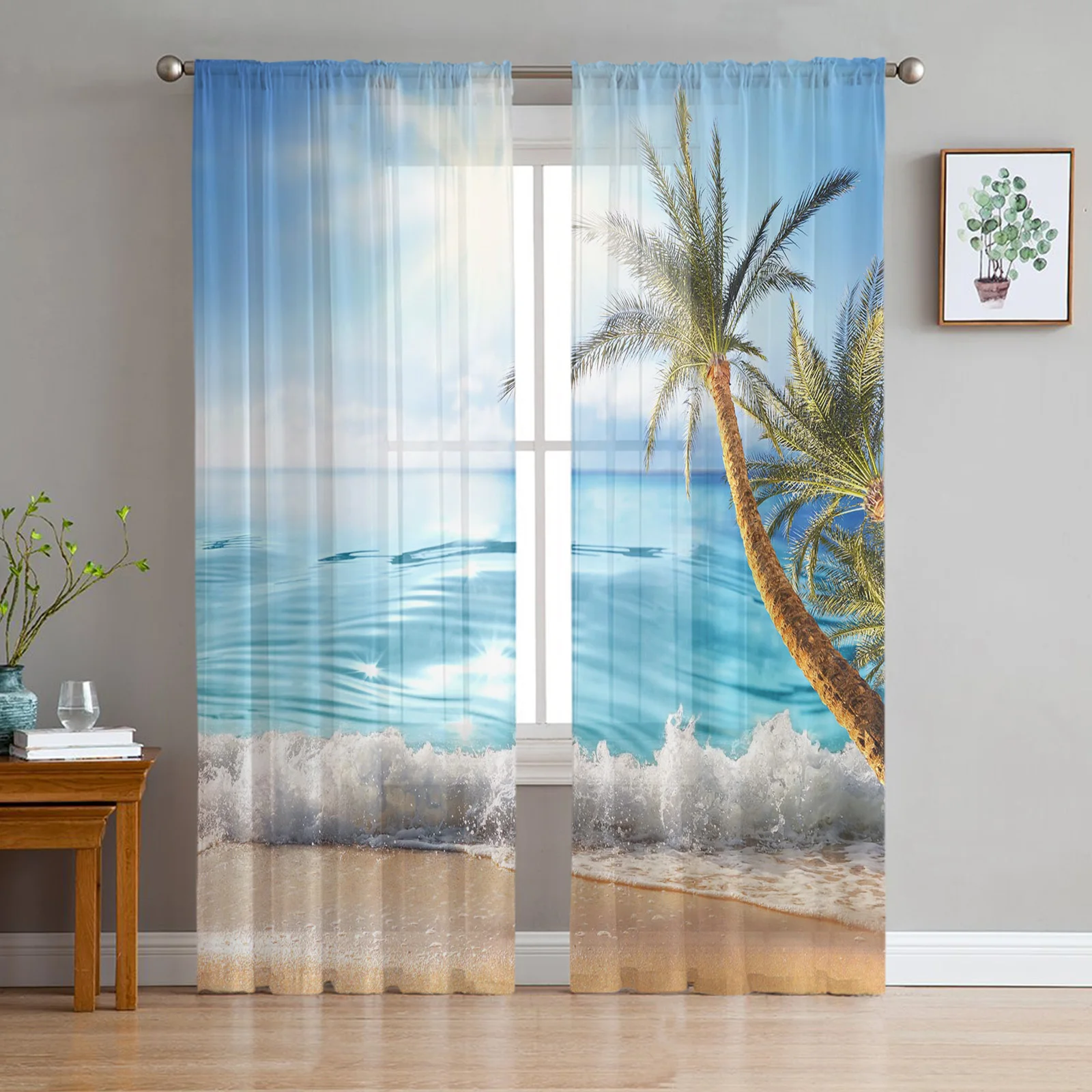 

Beach Waves Coconut Trees Tulle Sheer Window Curtains for Living Room the Bedroom Voile Organza Decorative Curtains Drapes