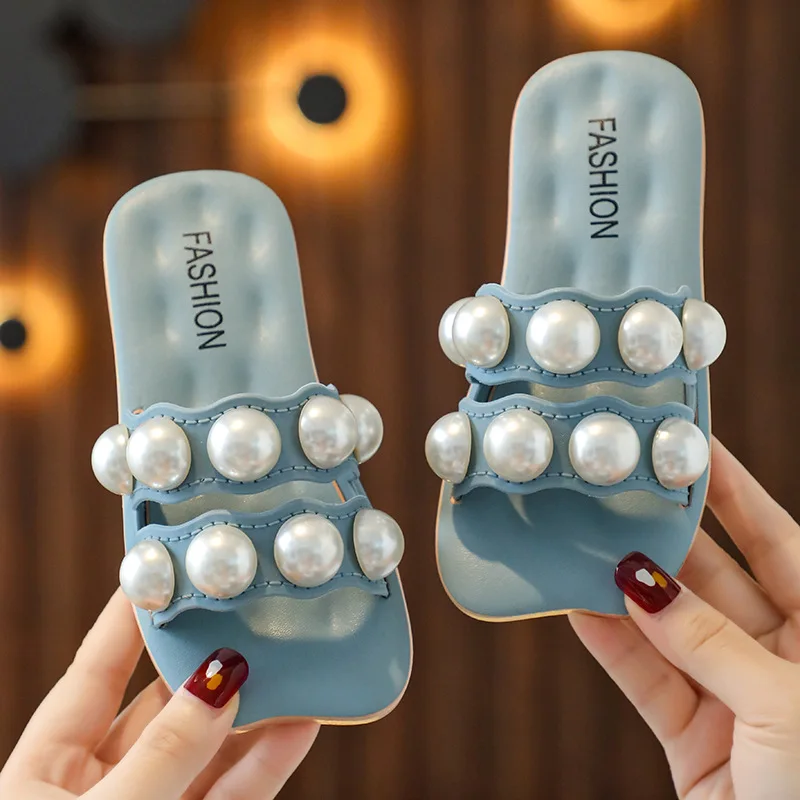 Women  Summer Fashion Slippers 2023 New Korean Girl Pearl Non-slip Soft-soled Sandals Children's Flats Cute Beach Shoes Home