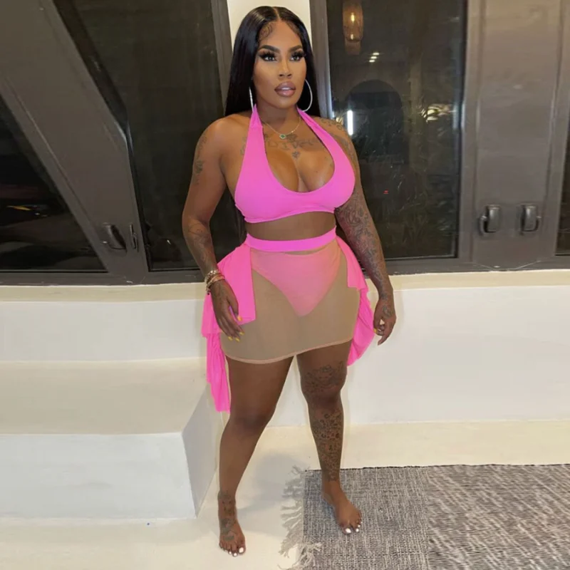 

Комплекты из 3 предметов WUHE из прозрачной сетки в стиле пэчворк с оборками женский сексуальный короткий топ без рукавов + трусы + Искусственные пляжные костюмы