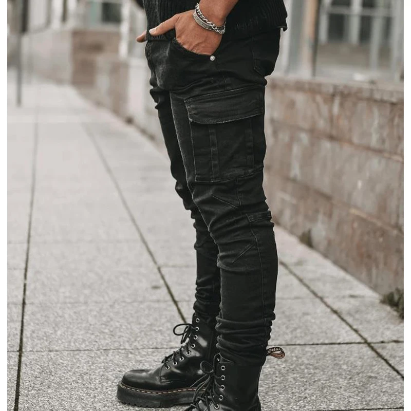 Men's Jeans Streetwear Pants Multi-Pocket Black Slim Small Foot Casual Trousers Blue High-Quality Cargo Pants Men