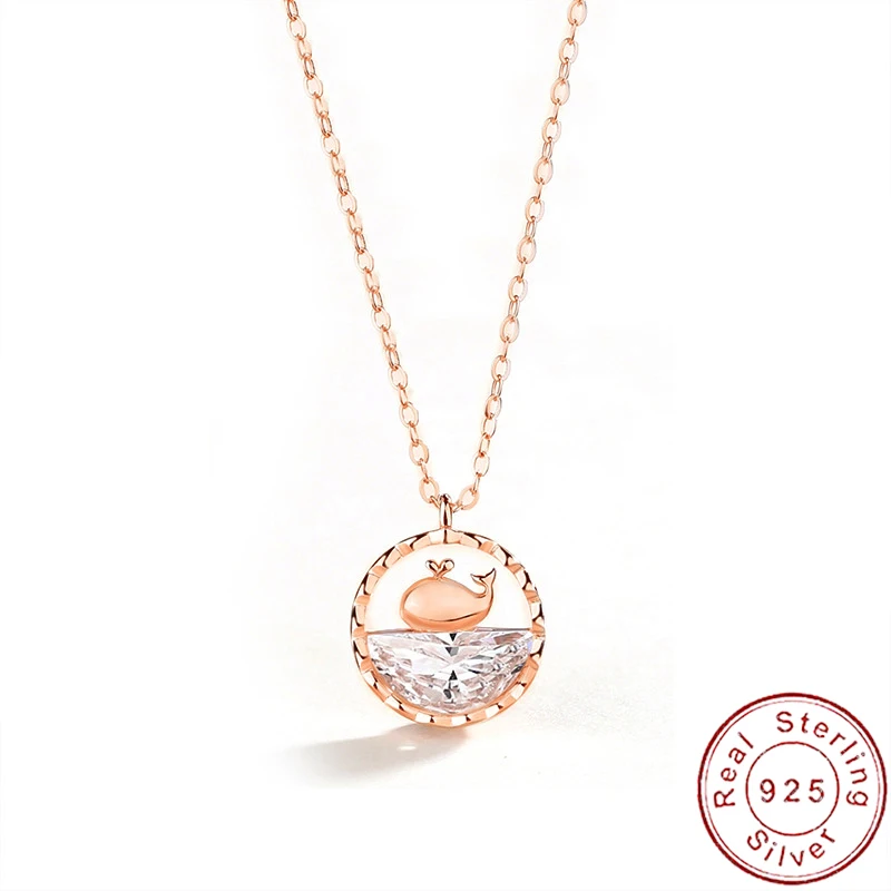 

European Fine Water Jet Whale S925 Sterling Silver Necklace Cute Zircon Pendant for Women Jewelry Birthday Gift+Box