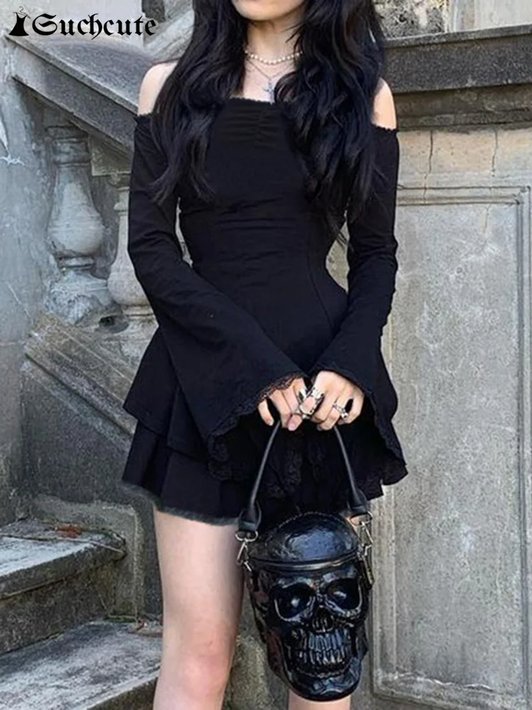 

SUCHCUTE Elegance Slash Neck Solid Mini Dress Women Gothic Long Sleeve Black Evening Dresses Vintage Casual Streetwear Outfits