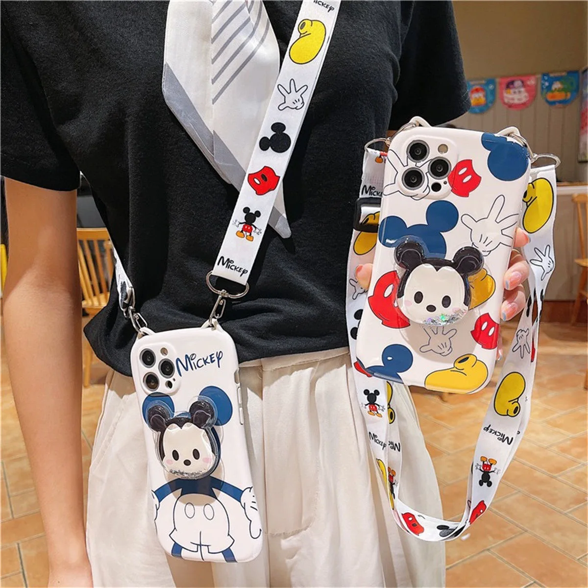 

Cat Ear Design Disney Mickey Mouse Back with Quicksand Stand Lanyard Phone Cases For iPhone 12 11 Pro Max XR XS MAX Back Cover