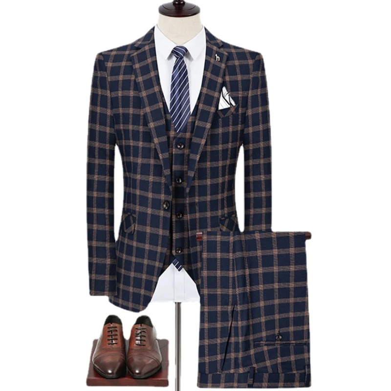 

5XL (Jacket+Vest+Trousers)Male Formal Business Classic Plaids Suit for Men's Fashion Boutique Plaid Wedding Dress Suit 3 PCS Set