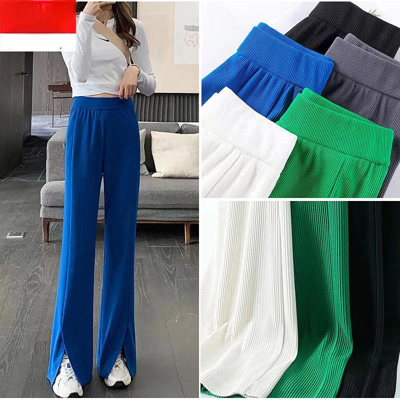 

Summer New Ice Silk Wide-leg Pants Slits Mopping Sweatpants Women's Straight-tube High-waisted Slim Drooping Flared Pants Trend