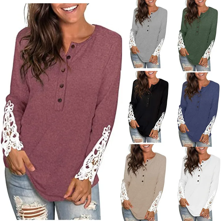 

2022 autumn and winter new women's clothing round neck button sleeve lace T-shirt top
