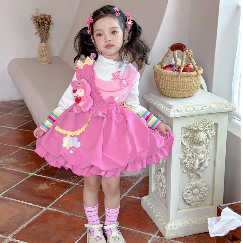 

Autumn and Winter New Sweet Girl Cute Dopamine Cartoon Shape Little Bear Strap Flower Bud Dress Set Princess Dress Birthday Gift