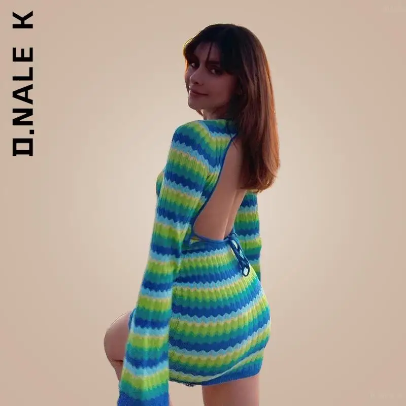 

D.Nale K Summer Beach Dress Club Party Outfits Fashion Bodycon Backless Women Dress Green Stripe Knit Casual Mini Dress 2022