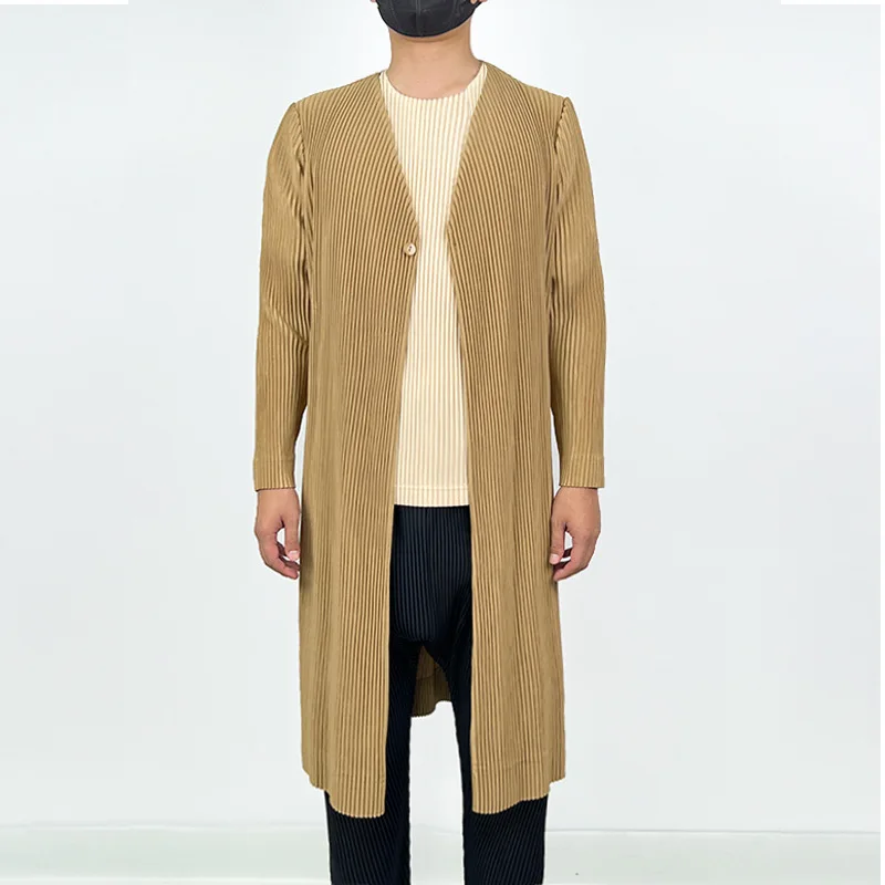 

Autumn New Long Single-Breasted V-neck Miyake Pleated Trench Coat Men's Mid-Length Slim Handsome Pleated Coat Men's Fashion