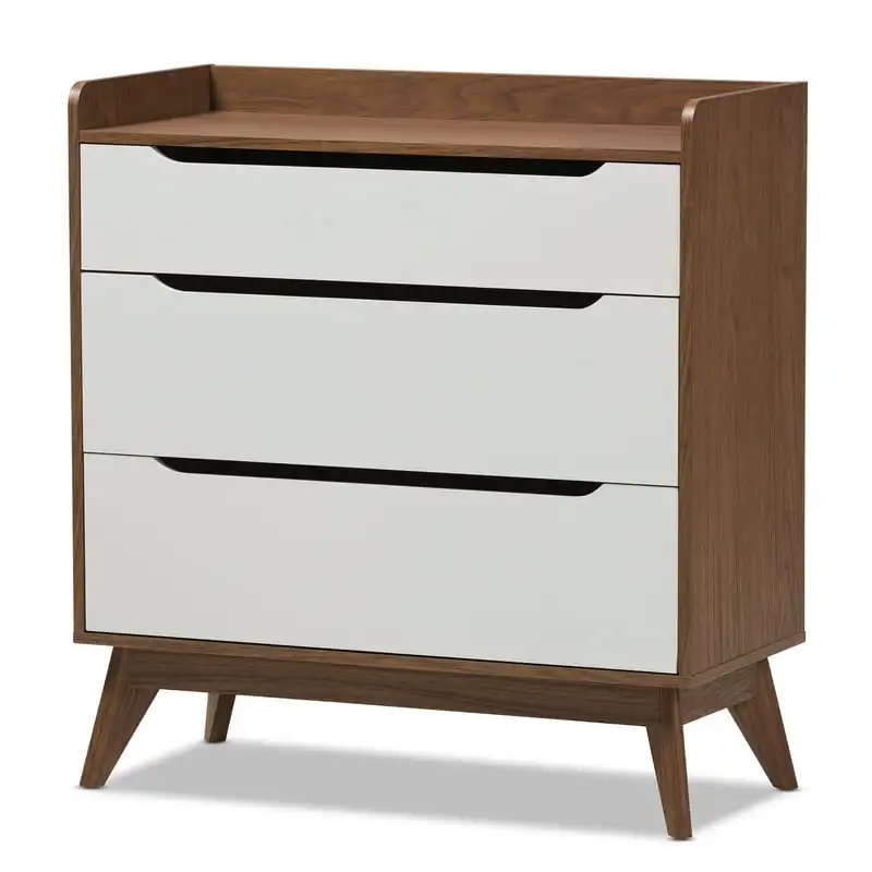 

Mid-Century Modern White and Walnut Wood 3-Drawer Storage Chest by Bellamy Studios