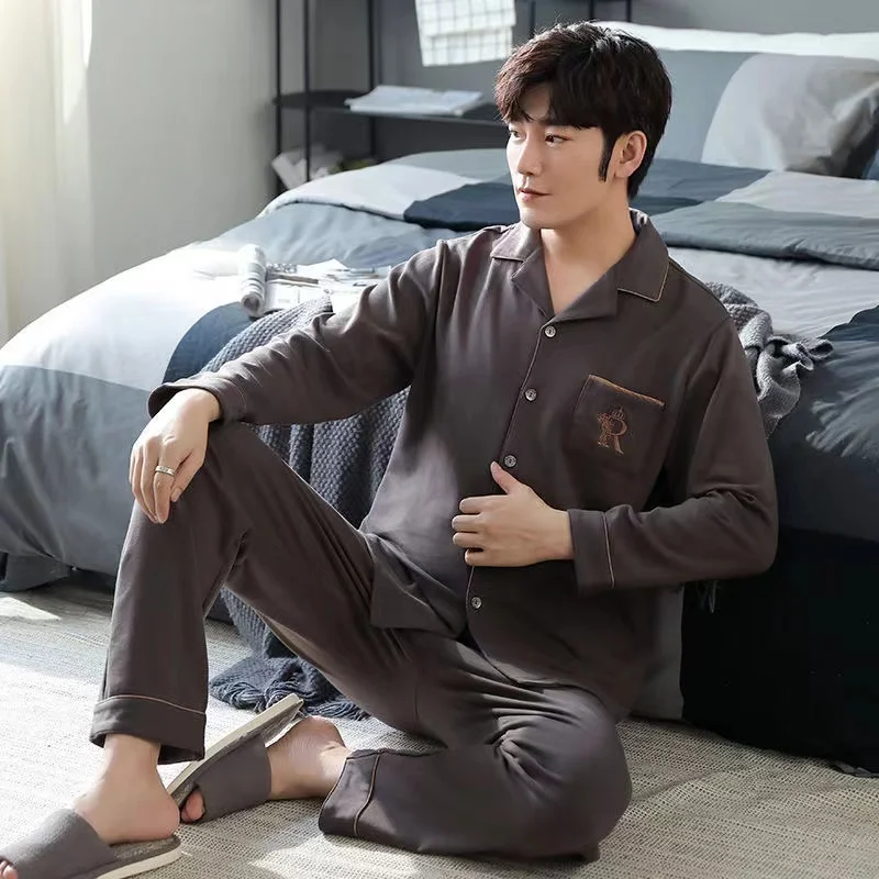 100% Cotton Pijama For Men 2 Pieces /Sets Long Sleeve Turn-Down Collar L-4XL Leisure Lounge Sleepwear Pyjamas Home Clothes