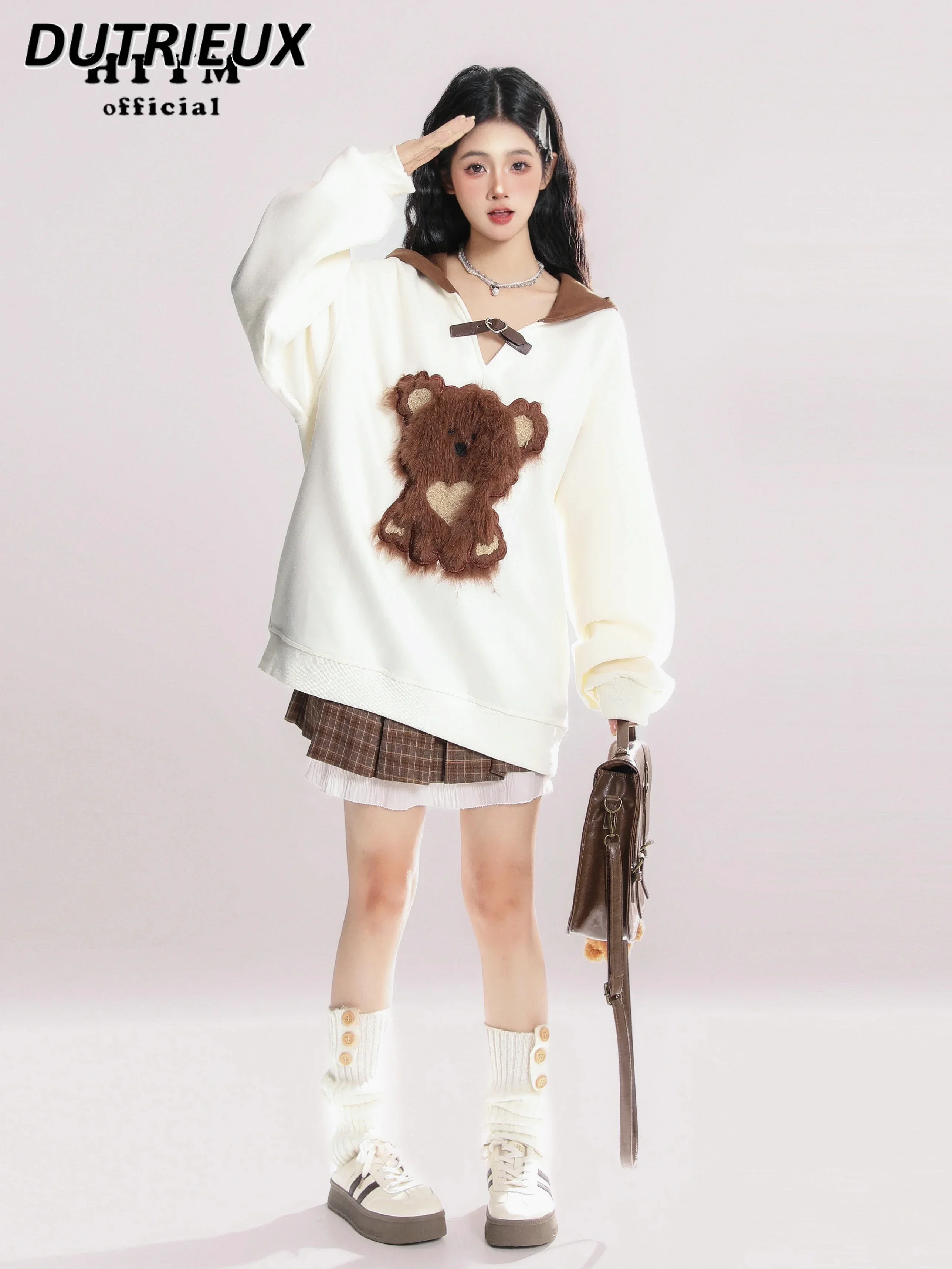 kowanej haftowanej kreskówki bluza z kapturem i dekoltem w szpic damska wiosenna jesienna słodka dziewczęca dopasowana kolorystycznie luźna