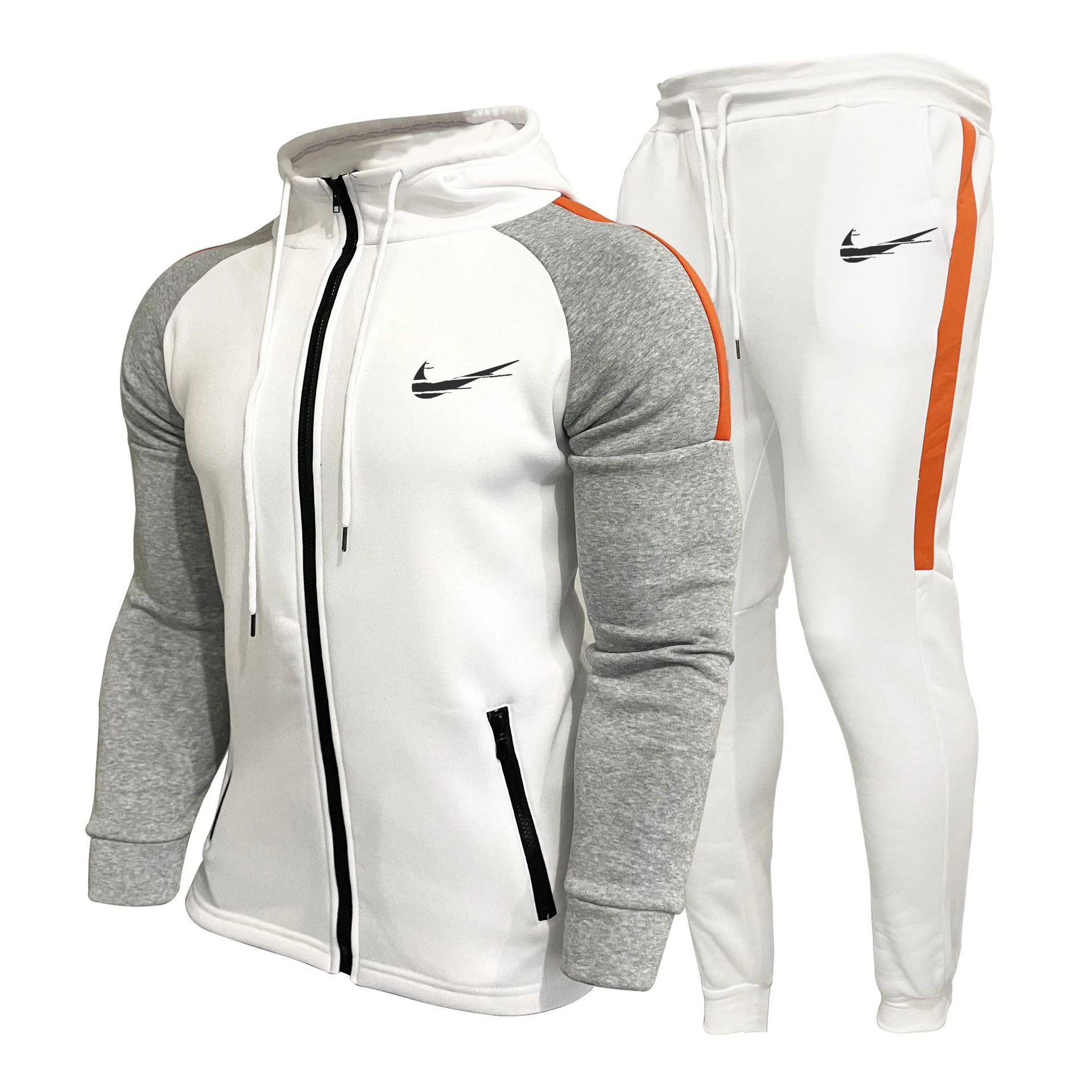 

Autumn Winter New Men's Contrast Color Side Seam Zipper Open Front Jacket And Jogging Pants Suit IКNIKEС Sports 2-Piece Set