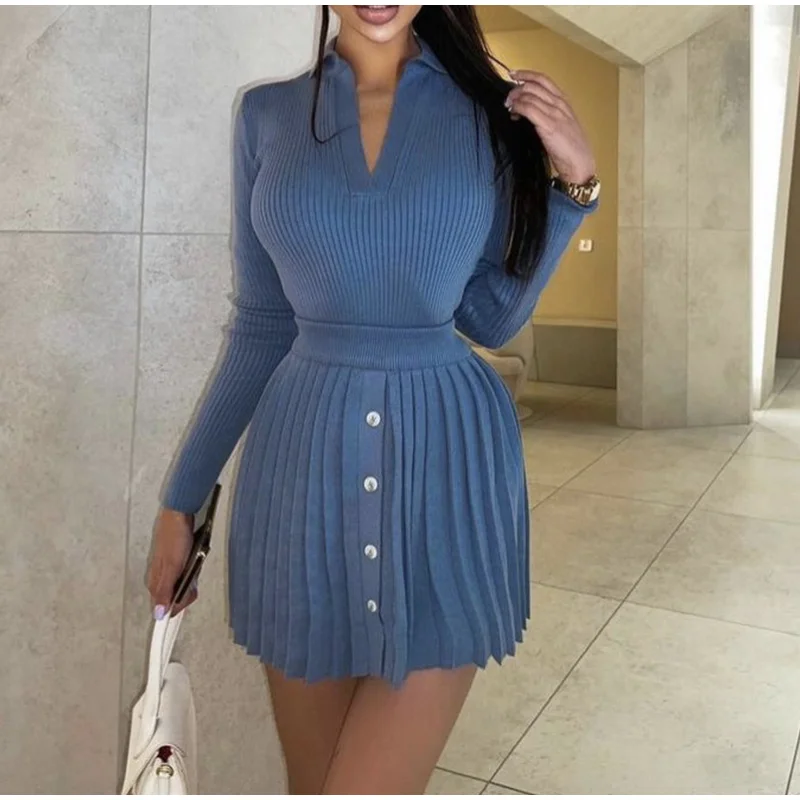 Женский трикотажный костюм мини плиссированная юбка пуловер Модный облегающий