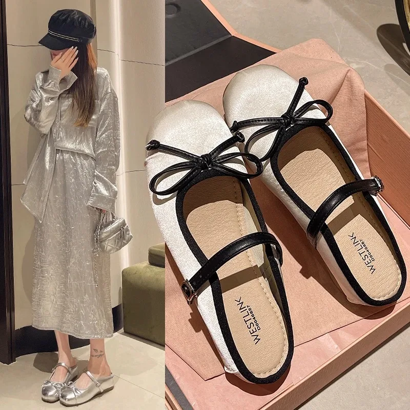 Мюли женские с бантом-бабочкой удобные тапочки на плоской подошве сланцы модные