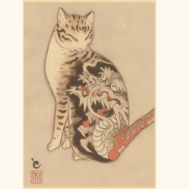 Постер в стиле ретро с изображением японской кошки самурая |