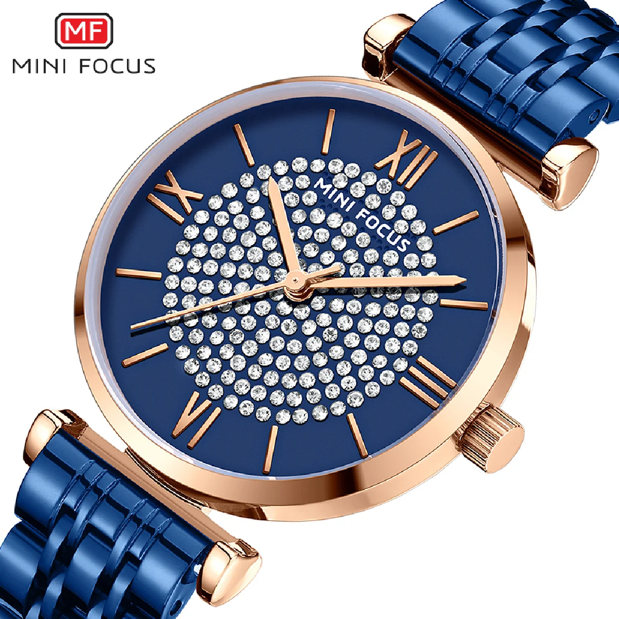 

Женские синие наручные часы MINI FOCUS, женские Полностью алмазные часы, роскошные брендовые водонепроницаемые кварцевые женские часы