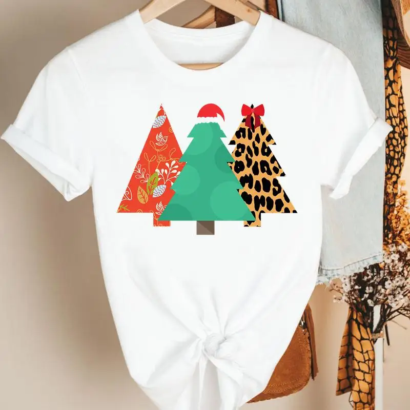 

Women Pretty Leopard Tree Festival New Year Holiday Merry Christmas T Tee Fashion Tshirt Print Nice Lady Top Graphic T-shirt