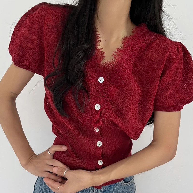 Neploe модные винтажные вязаные топы с v-образным вырезом Lcae Mujer 2024 новые летние