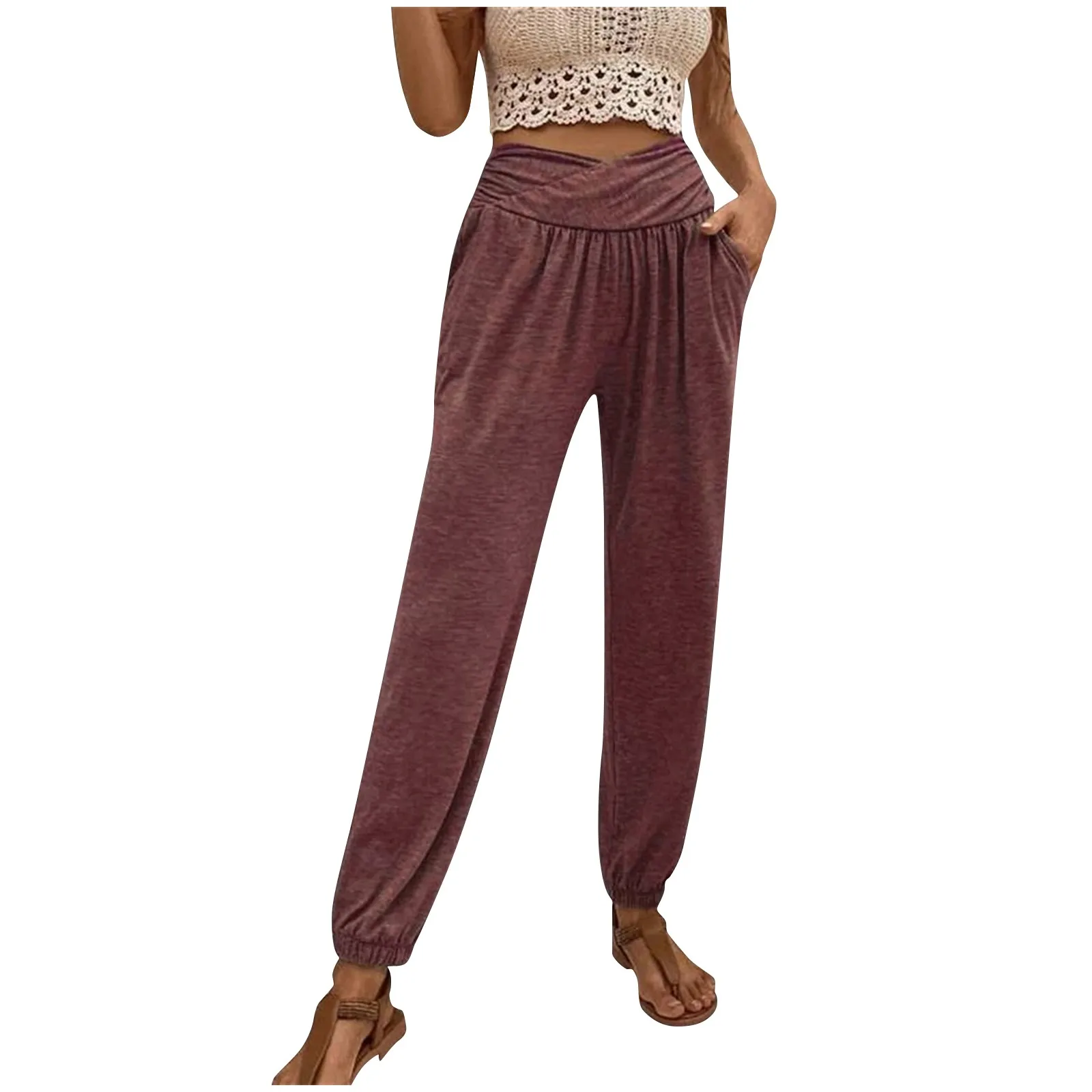

Women's Fashion Solid Color Elastic Waist Home Pants ladies Casual Loose Pocket High Waist Bound Feet Pants comfort trousers