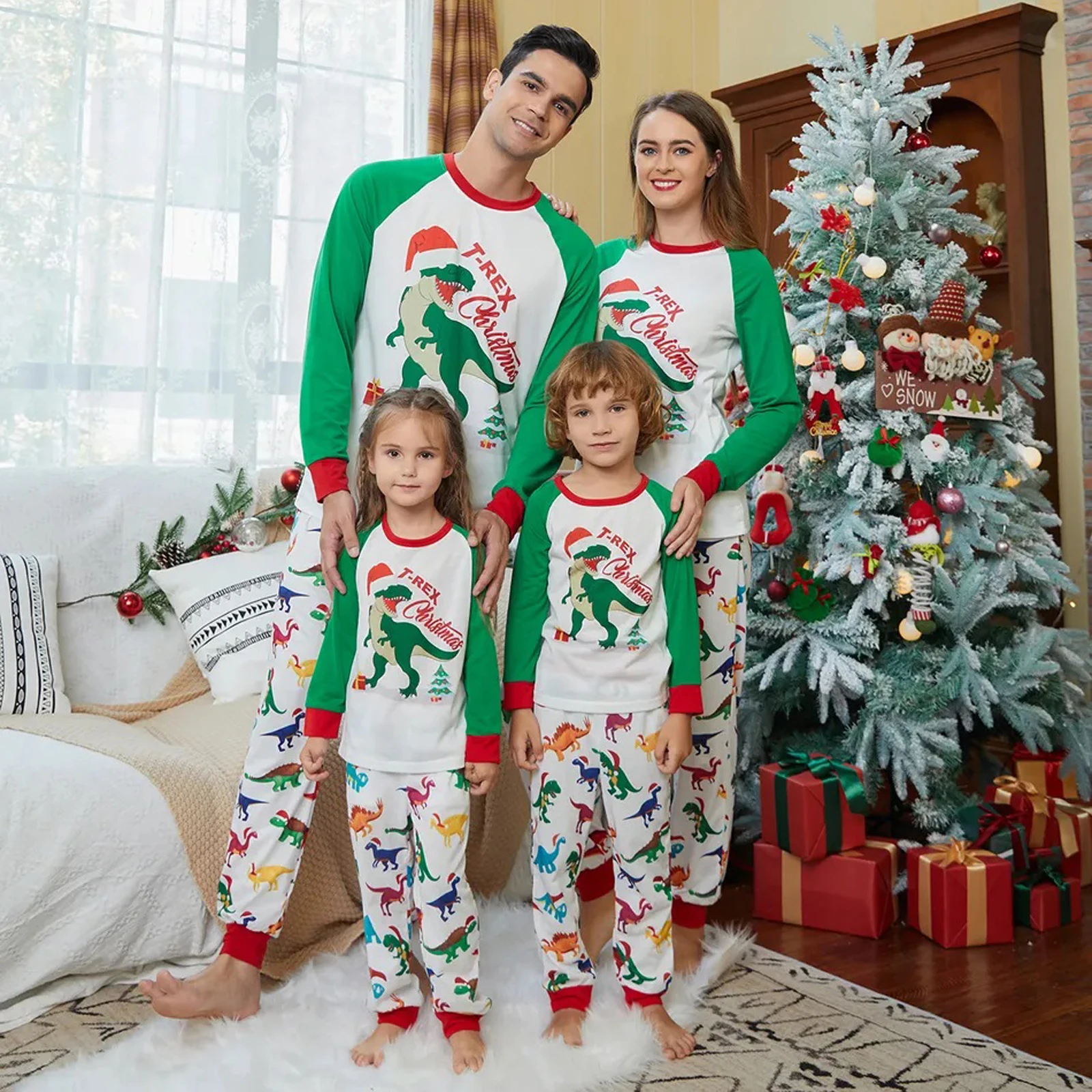 

New Parent-Child Christmas Pajamas Cartoon Dinosaur Print Long Sleeve Round Neck T-Shirt + Long Pants Long Jumpsuit Fashion