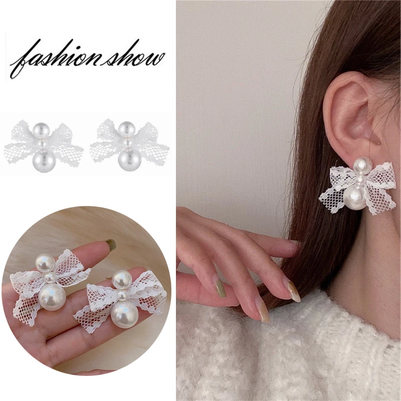 

Elegant White Cloth Bow-knot Pearl Earrings for Women Geometric Round Butterfly Ear Studs Fashion Korean Earing Jewelry Gifts