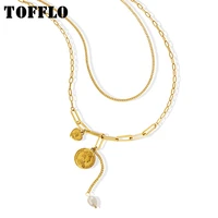 tofflo stainless steel jewelry double layer portrait round brand pendant necklace pearl tassel clavicle chain bsp193