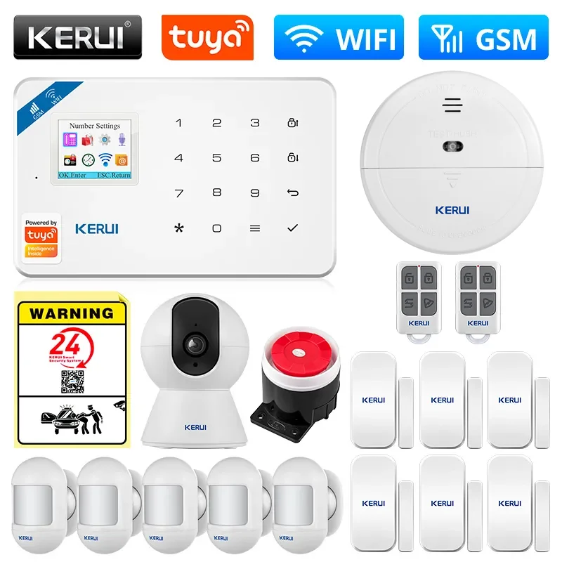 KERUI GSM WIFI Alexa Tuya Smart Home Security Alarm System Wireless Garage Burglar 1080P Camera Doorbell Motion Detector Sensor