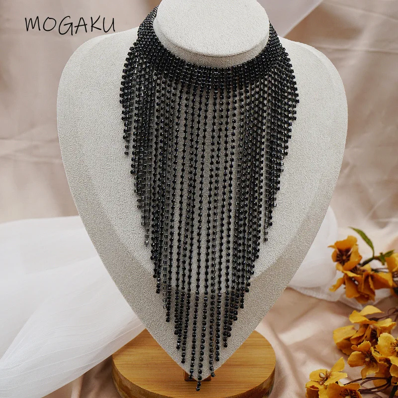 

MOGAKU New Black Crystal Choker Necklaces for Women Fashion Long Tassel Rhinestone Necklace Girls Party Nightclub Accessories