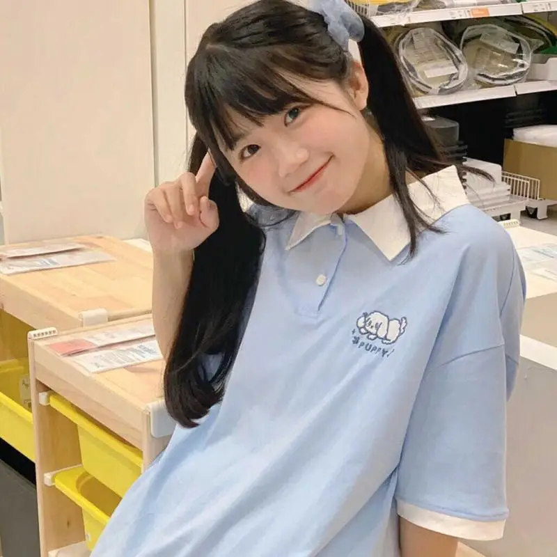 

Sanrioed Cinnamoroll Blue Cute Dog Polo Shirt Short-sleeved T-shirt Top Female Summer Japanese Loose Casual College Style Ins