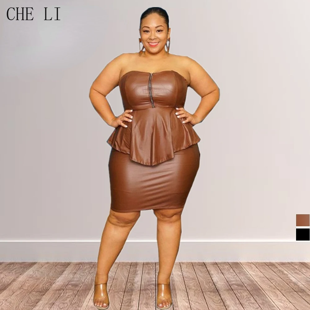 

2022 Plus Size Skirt Set Women Sexy PU Leather Skirt and Bandeau Top Plus Size Two Piece Summer Clothing Club Party Wear Female