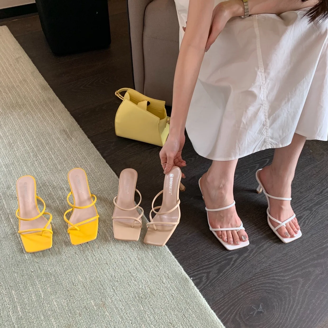 

2022 new square toe clip-toe set-toe stiletto heel empty strap sandals female fairy style sandals women slippers