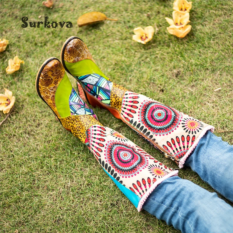 Retro Ethnic Style Women's Boots Gradient Lace Embroidery Prints Knee High Boots Round Toe Mid-Heeled Zip Punk Dress Party Shoes