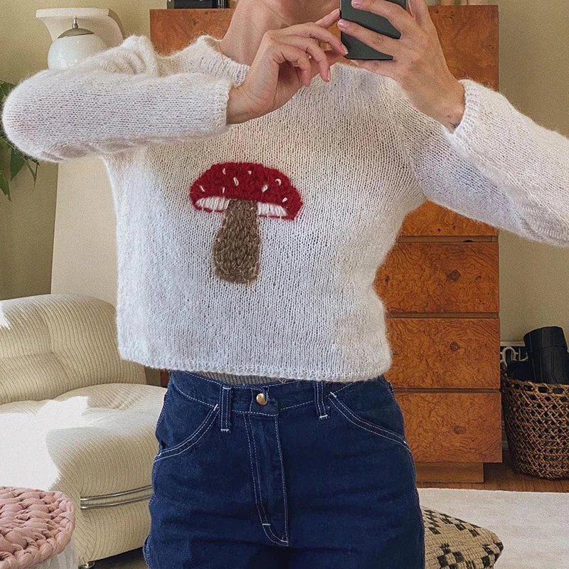 

Fashion White Sweater Mushroom Cute Slim Simple Pullovers Casual Street Daily Girls O Neck Long Sleeve Top Short Cute Kawaii Top