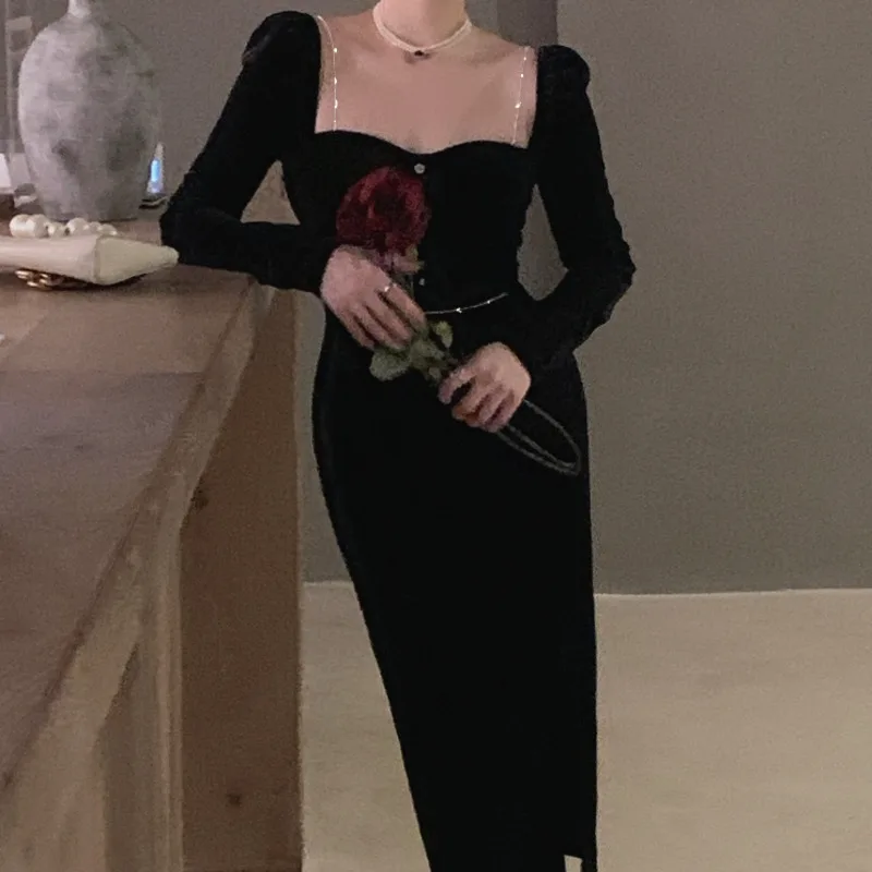

Kio Black Sexy Elegant Dress Women Autumn 2022 France Vintage Evening Party Midi Dresses Y2k Casual Korean Fashion Clothing