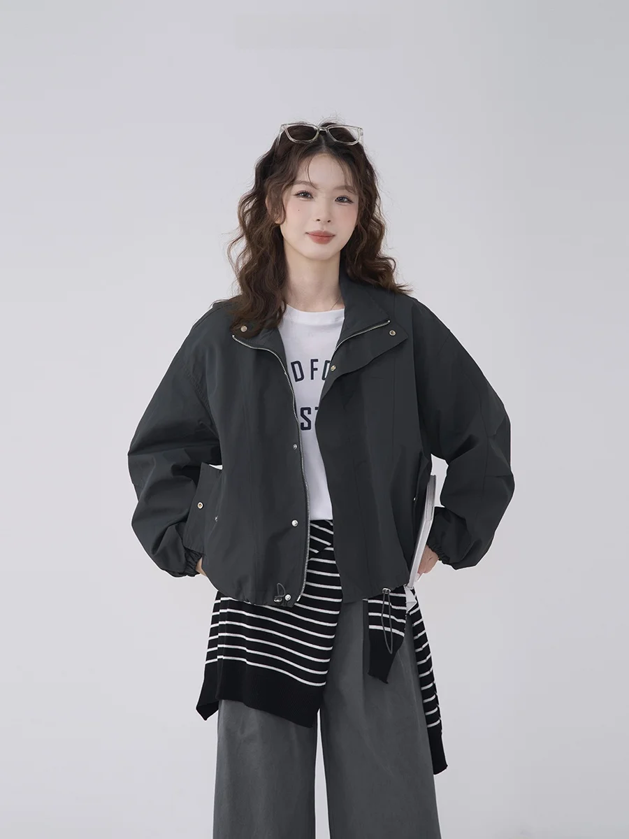 Hanada Showcase Htmeme Cool and Pleasant Design Casual Zip-up Cargo Outerwear Women Autumn Stand Collar Top