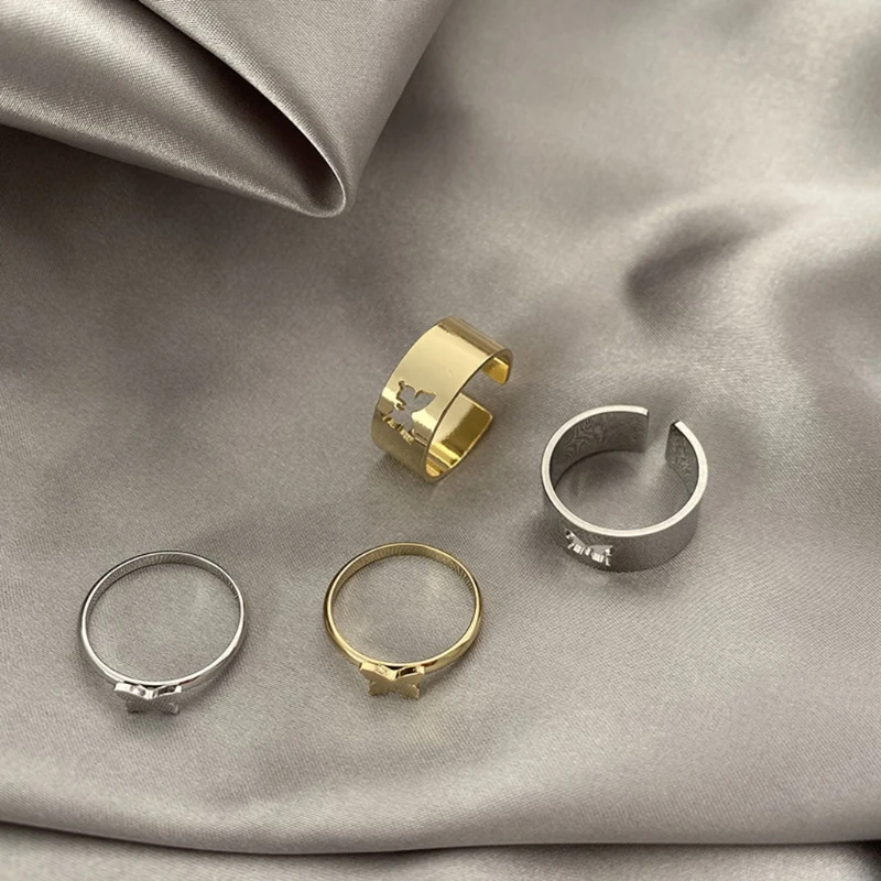 

1 Pair Engagement Promise Bands Open Cuff Rings Vintage for butterfly Lovers Couple Rings Set Adjustable Matching Ring