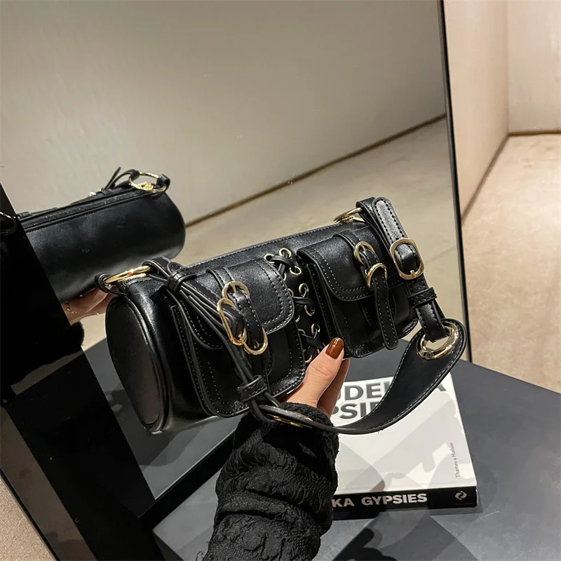 

Vintage Y2K Girls Women Cylinder Underarm Bags Double Pocket Design Ladies Shoulder Bag Fashion Female PU Leather Purse Handbags