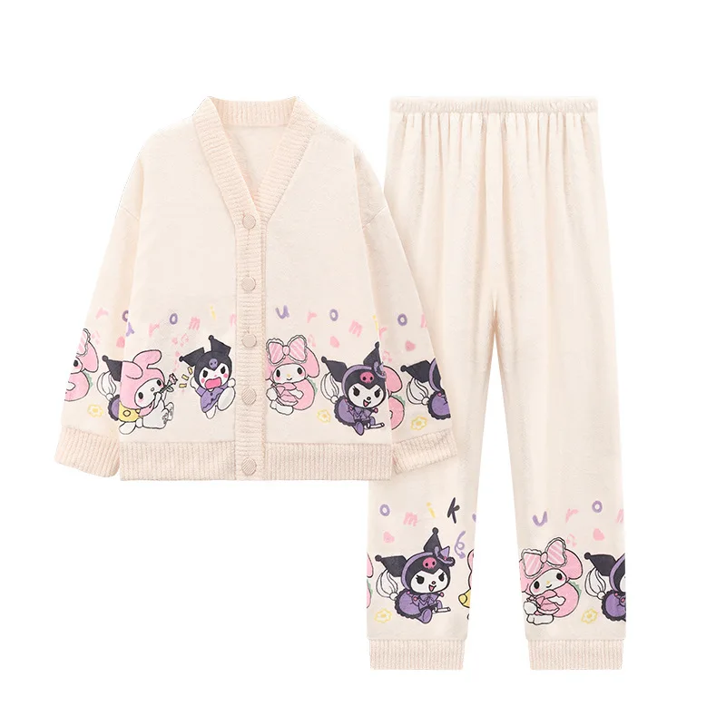 Women's Sweet Winter Flannel Warm V-Neck Cardigan Home Suit Cartoon Sleepwear Coral Fleece Thicken Tops Pants Soft Pajamas Sets